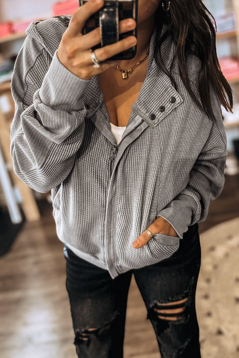 Waffle Knit Zip Front Snap Placket Hooded Patchwork Drop Shoulder Jacket